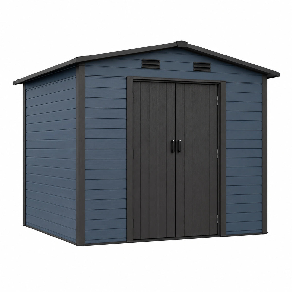 Abri de jardin 214 x 180 x 208 cm en plastique bleu anthracite avec portes doubles