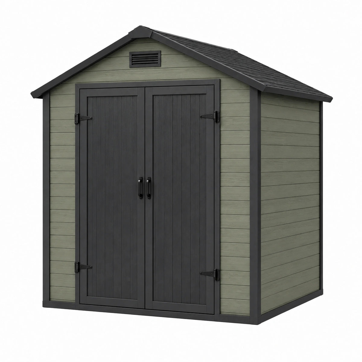 Abri de jardin 200 x 150 x 210 cm en résine vert gris avec portes doubles et toit à pignon