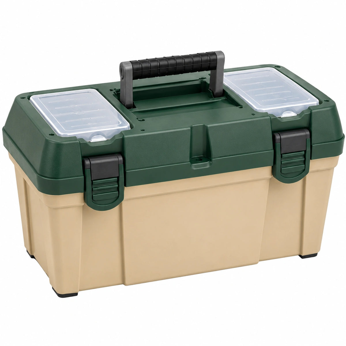 Boîte à outils 55 x 28 x 25 cm en plastique vert foncé et beige avec poignée et compartiments