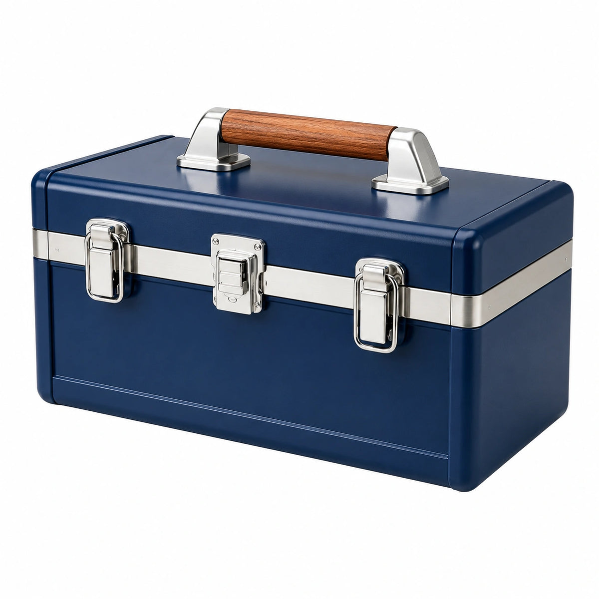 Mallette à outils 45 x 25 x 25 cm en métal bleu marine avec poignée en bois - rangement portable