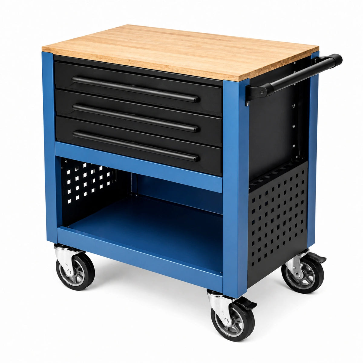 Établi roulant 90 x 50 x 95 cm en acier bleu noir avec plateau en bois et 3 tiroirs