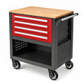 Chariot d atelier 100 x 50 x 95 cm en acier noir rouge avec plan de travail en bois et 5 tiroirs sur roulettes