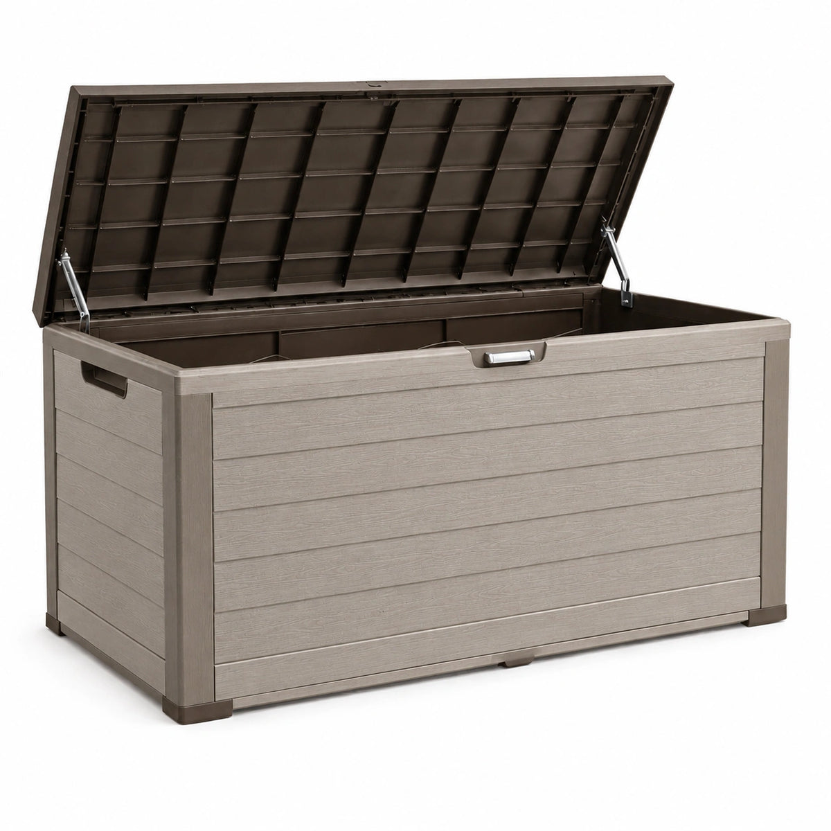 Coffre de rangement extérieur 150 x 75 x 70 cm en résine gris taupe avec couvercle à ouverture assistée