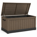 Coffre de rangement extérieur 151.7 x 72.5 x 70 cm en résine brun effet bois avec couvercle assisté