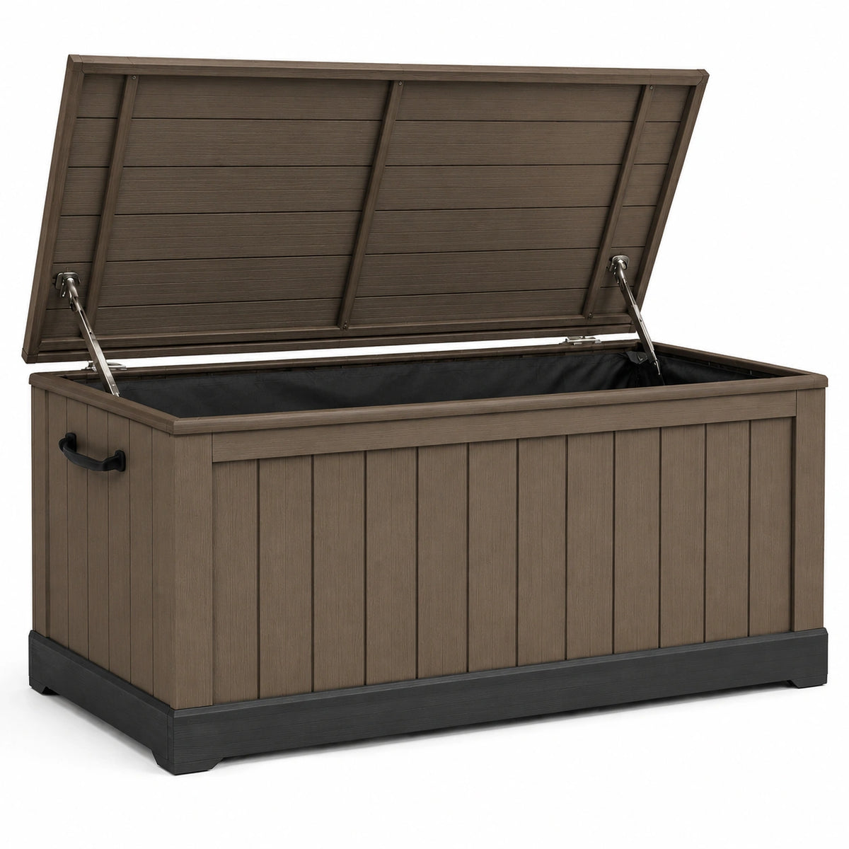 Coffre de rangement extérieur 151.7 x 72.5 x 70 cm en résine brun effet bois avec couvercle assisté