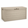 Coffre de rangement extérieur 152 x 73 x 70 cm en résine beige aspect bois avec couvercle