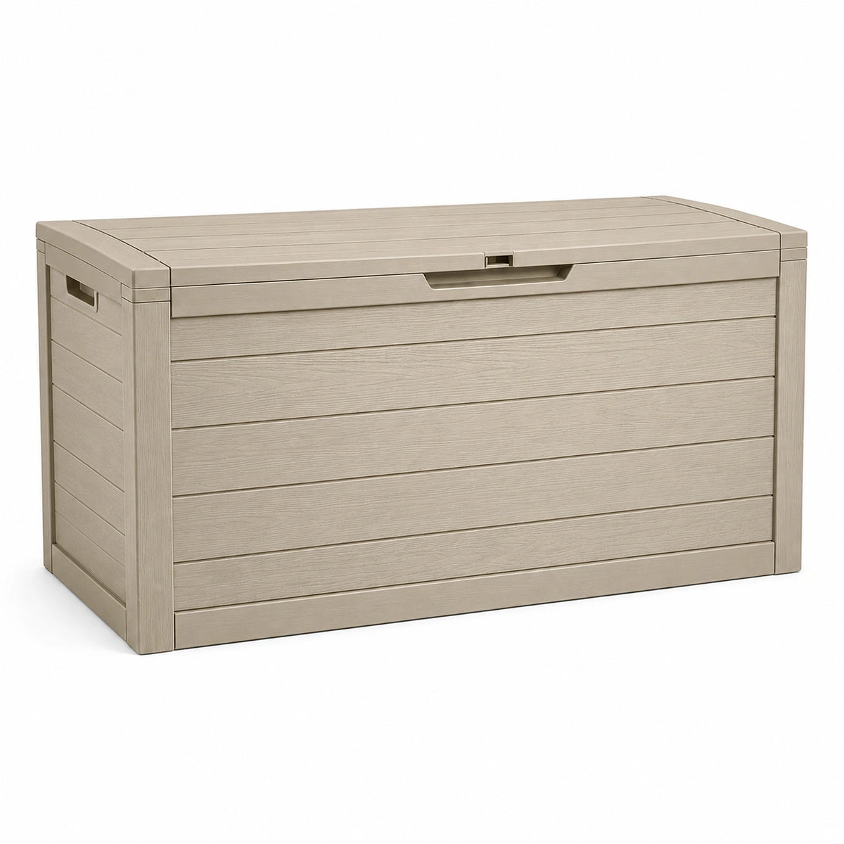 Coffre de rangement extérieur 152 x 73 x 70 cm en résine beige aspect bois avec couvercle