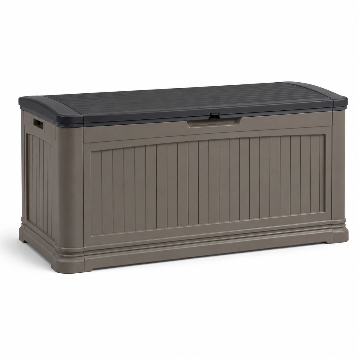 Coffre de rangement extérieur 120 x 56 x 63 cm en polypropylène taupe avec couvercle