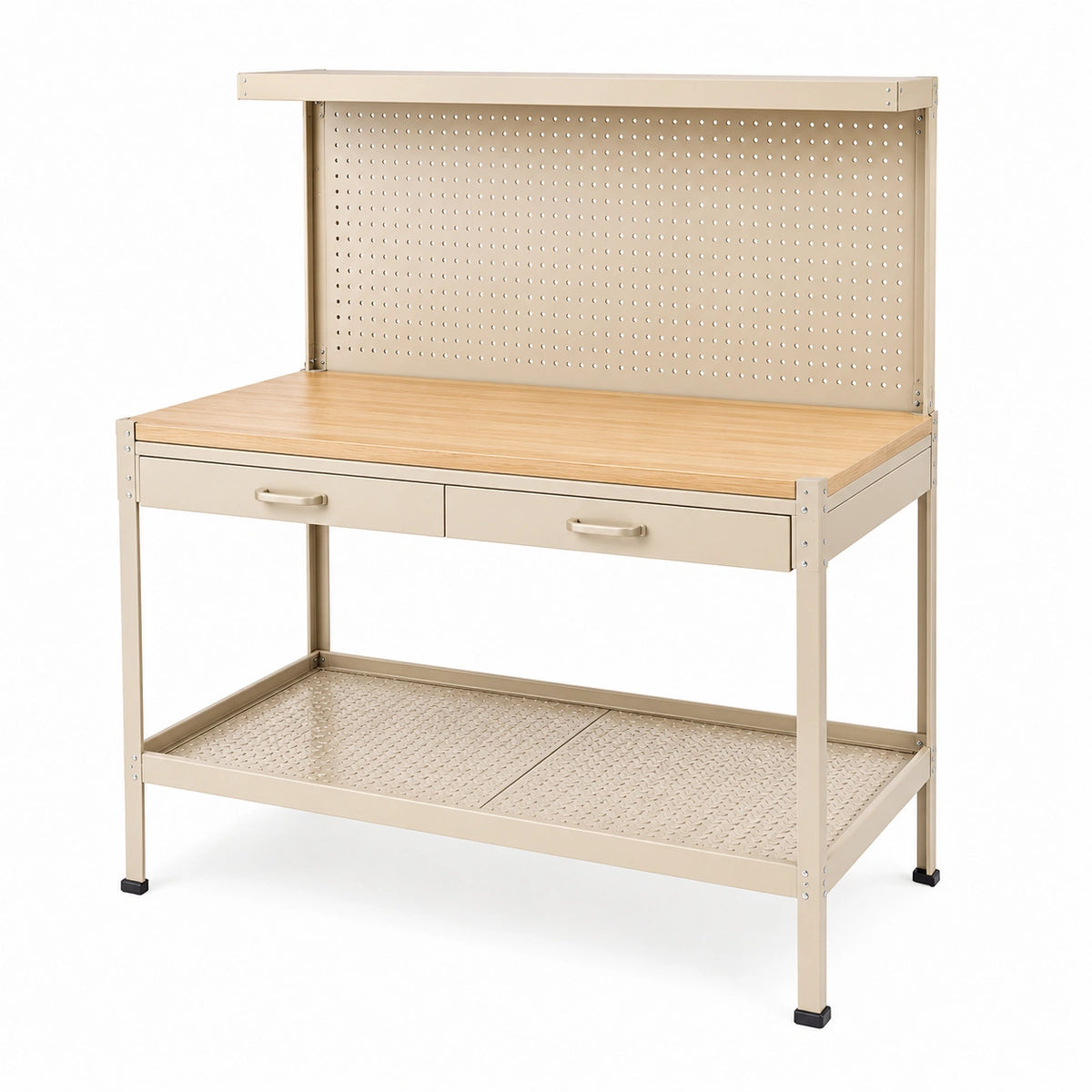 Établi d'atelier 120 x 60 x 150 cm en acier beige avec plateau aspect bois panneau perforé et tiroirs