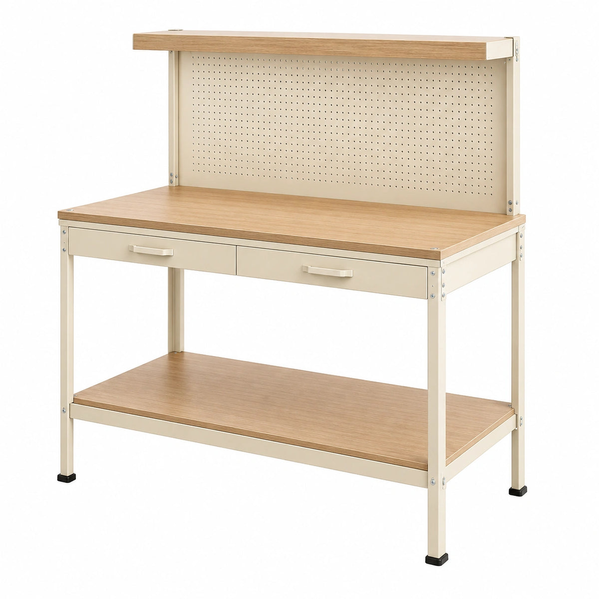 Établi de travail 120 x 60 x 180 cm en métal beige et bois avec panneau perforé et tiroirs