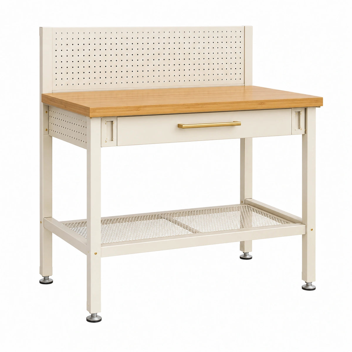 Établi d'atelier 120 x 60 x 150 cm en acier blanc et bambou avec panneau perforé et tiroir