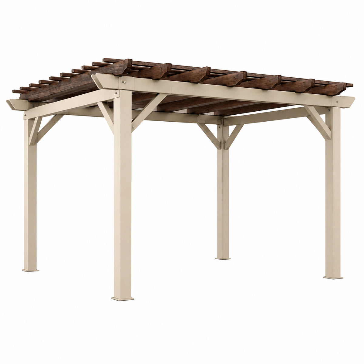 Pergola 400x300 cm en acier et bois beige marron foncé pour terrasse à toiture ajourée