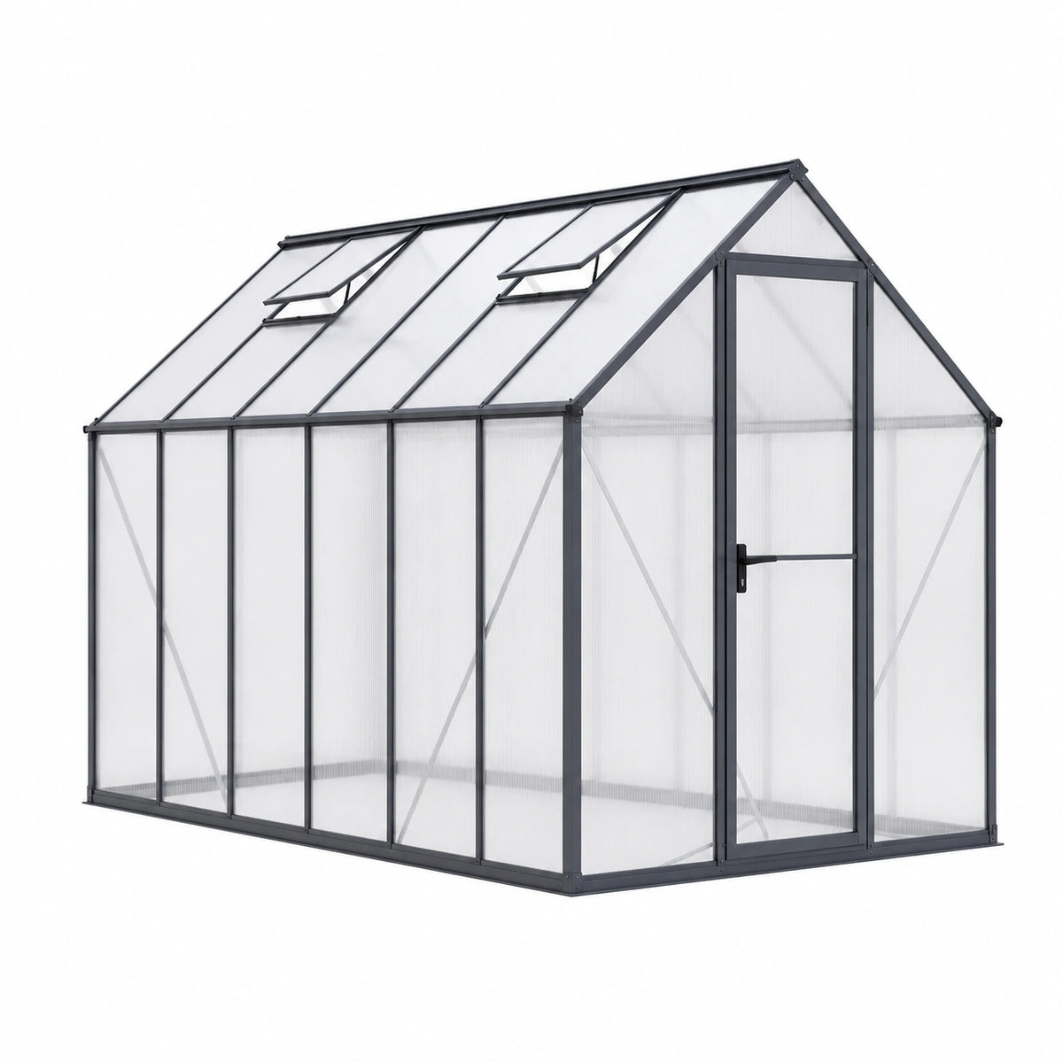 Serre de jardin 190 x 190 x 195 cm en aluminium noir et polycarbonate avec porte et lucarnes