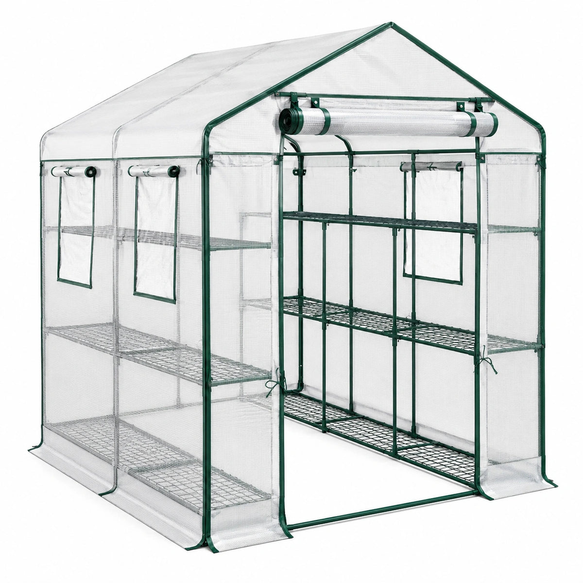 Serre de jardin 143 x 143 x 195 cm en acier vert avec housse transparente et étagères