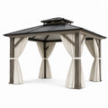 Tonnelle de jardin 300 x 300 cm structure métal effet bois toit gris anthracite avec rideaux style pavillon