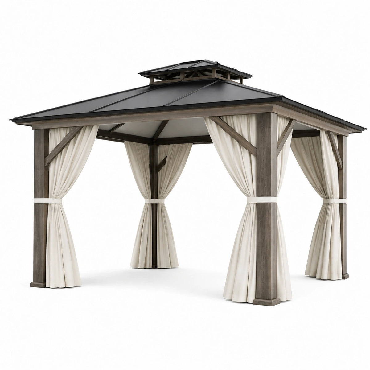 Tonnelle de jardin 300 x 300 cm structure métal effet bois toit gris anthracite avec rideaux style pavillon