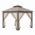 Tonnelle de jardin 300 x 300 x 300 cm en métal taupe avec rideaux style pavillon