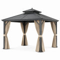 Tonnelle de jardin 300 x 300 cm en aluminium noir avec rideaux beiges - toit double ventilé