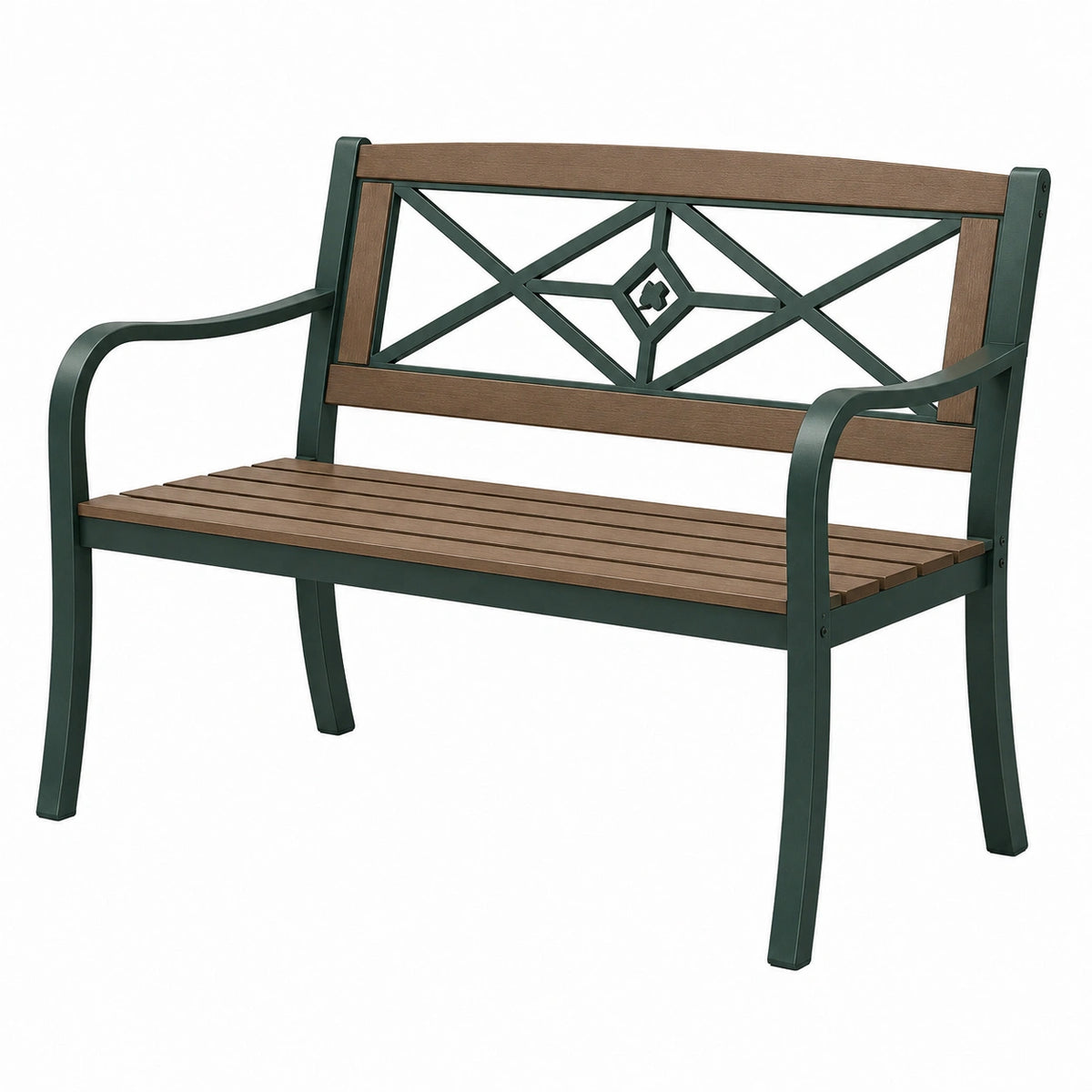 Banc de jardin 122 x 64 x 88 cm en métal et lattes aspect bois marron vert foncé style classique