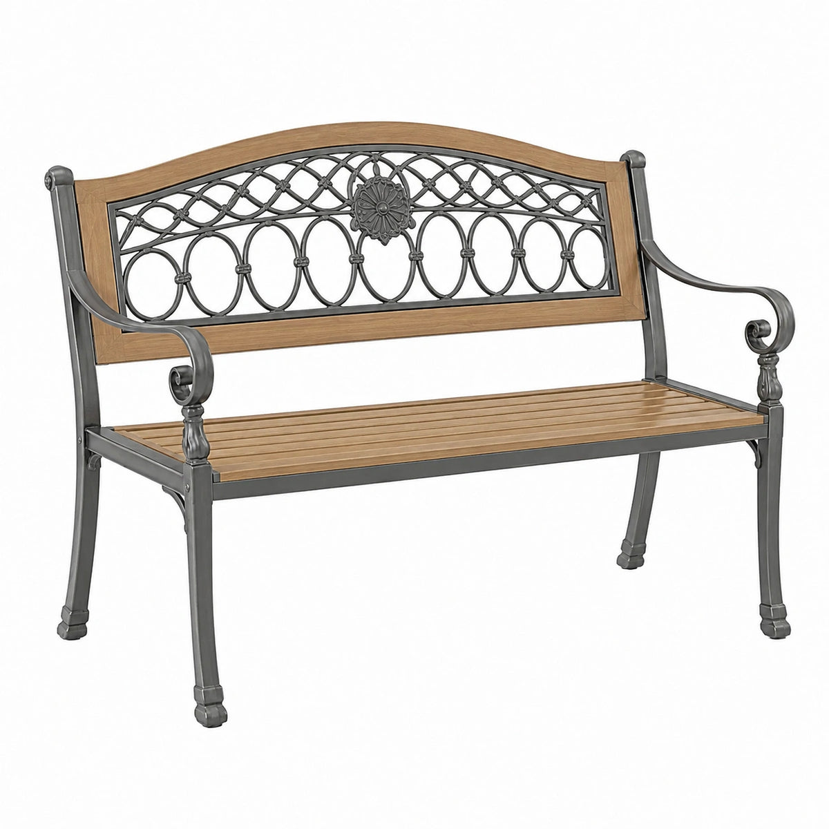 Banc de jardin 122 cm en métal et bois marron gris style classique