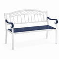 Banc de jardin 120 cm en métal blanc et bleu style classique à accoudoirs